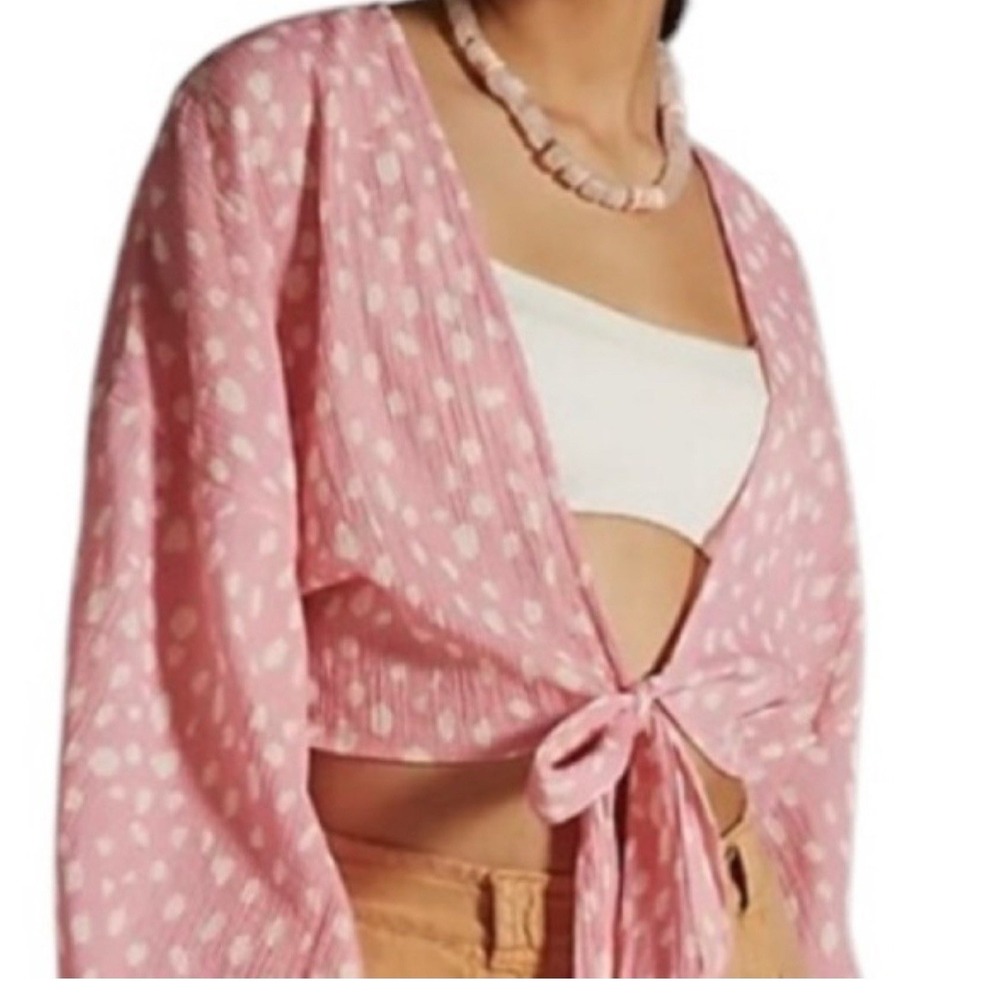 By Anthropologie NWT One Size Pink & White Polka‎ Dot Tie Front Crop Kimono Top